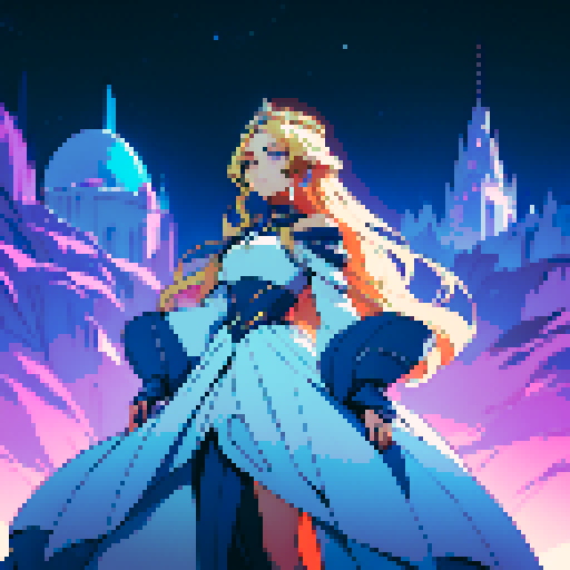 Elegant princess with flowing gown and futuristic crown, blonde hair, blue eyes, surrounded by futuristic space scenery in vibrant sRGB pixel art style, inspired by JRPG aesthetics
