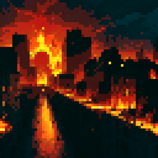 an apocalyptic scene of a large city that's dilapidated and has burning buildings