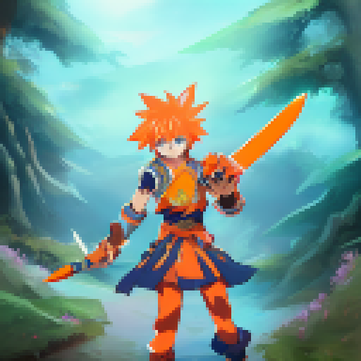 Orange-haired warrior portrait, wielding a glowing sword amidst a mystical forest, with dragons and magic runes in the background.