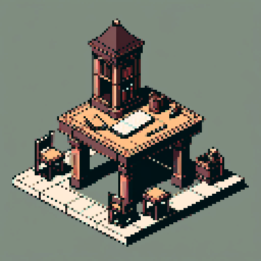 building, inside, block, wood, isometric, medieval, writing table, feather pen, ink, paper, papers, royal seal, law, dark, close