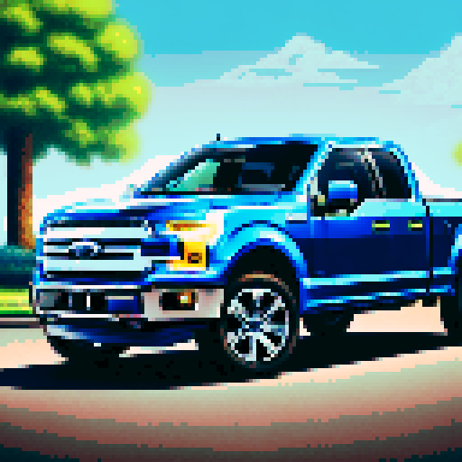 Photorealistic, centered Ford F-150 in a three quarter view, right wheel in front, clean background, pixel art style with sRGB colors
