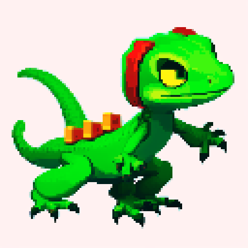 anthropomorphic lizard with cap, minimalistic, dark colors, pixelated details, retro video game style, vibrant green scales, expressive eyes, cap with a pixelated design