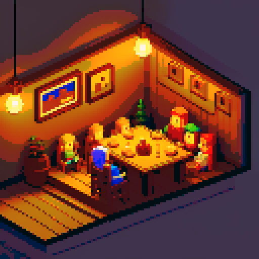 Cozy inn with dim lights and band of heroes sitting next to the table, pixel art 