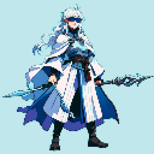 A nordic or viking style mage holding a tall staff. The character's clothing has shades of blue.