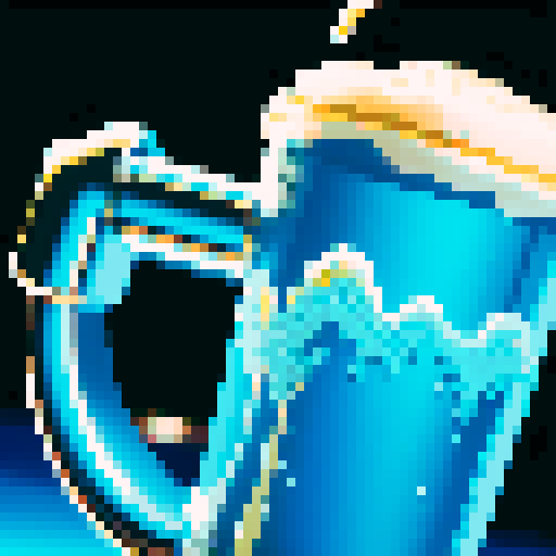 hand pouring draft beer, close up, fantasy 8 bit style, pixel art, vibrant colors, foam overflowing, carbonation fizzing