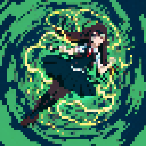 anime girl with long, glowing eyes, flowing hair, dark colors, hovering above the ground in a revealing school uniform, with a 16 bit style that pops against the sRGB color palette
