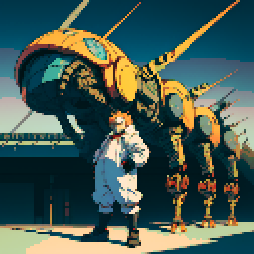 fat mad scientist, facing left, full-body image, exaggerated features, pixelated details, giant robot, mechanical limbs, robot workshop backdrop, sRGB color palette