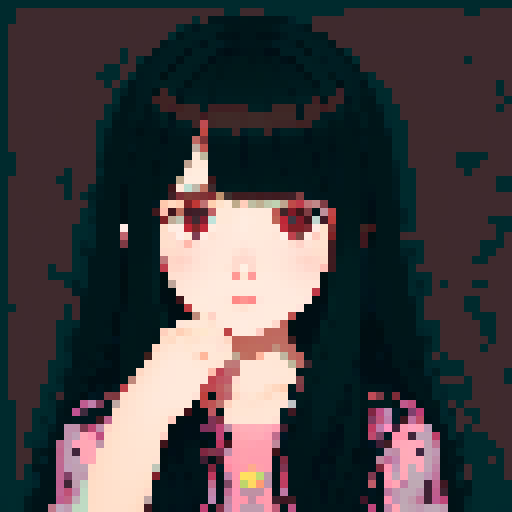 normal dark-haired girl, long dark hair, soft expressive eyes, soft shading, intricate details, whimsical charm, seamless pixelation, sad melancholy, cozy