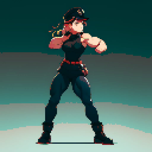 full-body image, muscle girl, female, thick biceps, big shoulders, big fists, muscular physique, thick waist, facing left, ready to fight, exaggerated proportions, black military uniform, black hat, military backdrop, sRGB, pixel art, no background, no backdrop, facing left, fists raised, ready to fight, full-body