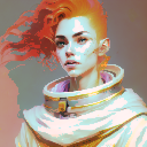 red headed male wizard with regal white robes, adorned with astrological symbols, in a pixel art style with vibrant sRGB colors