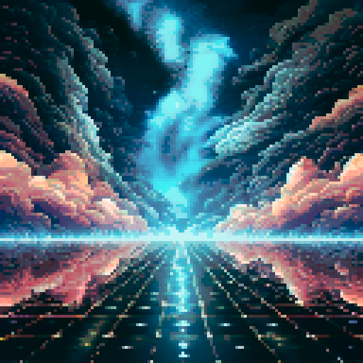 A celestial arena with a glossy, reflective black floor. The background features swirling cosmic clouds, faint stars, and auroras blending into a vast, starry sky