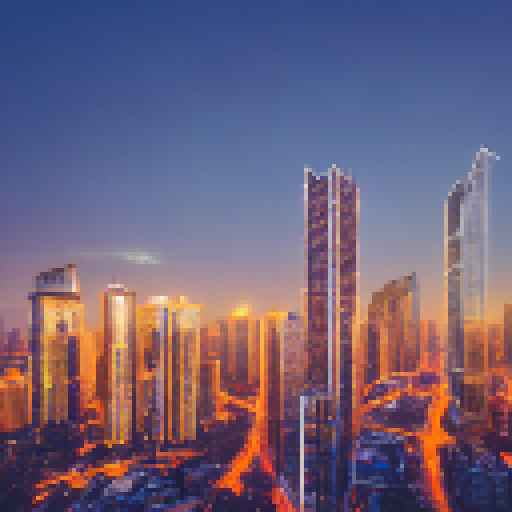 Towering skyscrapers with pixelated billboards and glowing ads light up a neon-lit cityscape as the urban sunset casts a warm glow over the landscape. (Landscape Portrait)