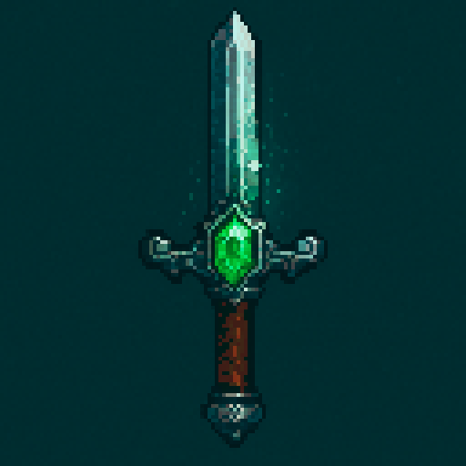 sword with embedded emerald, wooden handle, shimmering green gem, intricate detailing, medieval fantasy, sRGB, pixel art