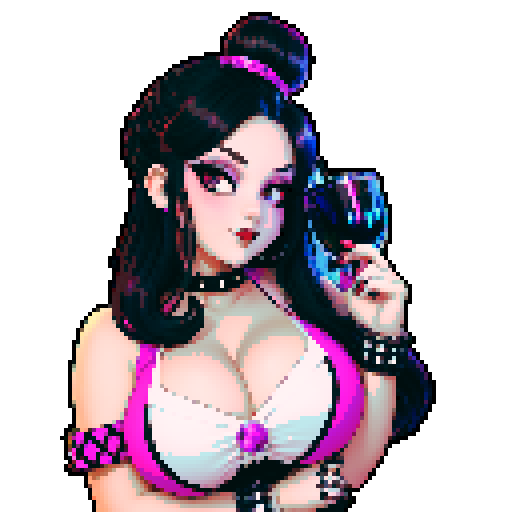 Curvy cute goth girl bartender, hair in buns, dark smoky eyes, black studded choker, fishnet stockings, pouring colorful cocktails, retro arcade game machines, pachinko machines, vibrant sRGB colors