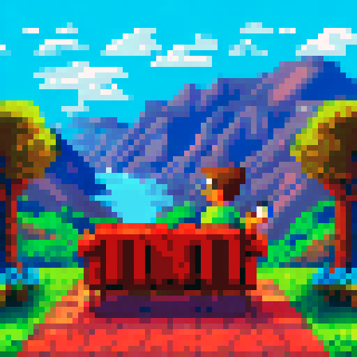 Short haired guy with glasses sipping cider on a retro couch with a pixel art background of a vast, mountainous landscape in sRGB colors