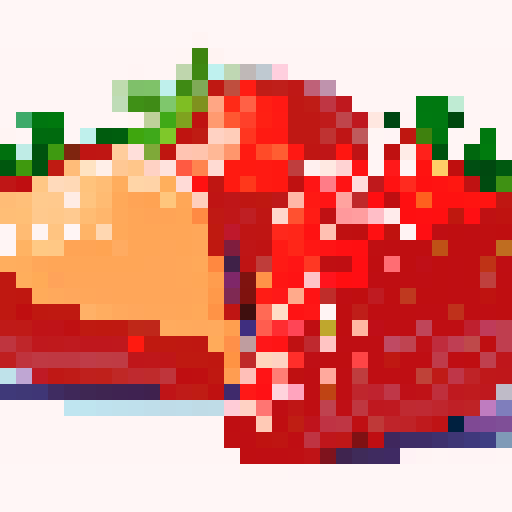 Vibrant red strawberries, juicy and plump, arranged in a pixel art composition, bursting with sRGB colors