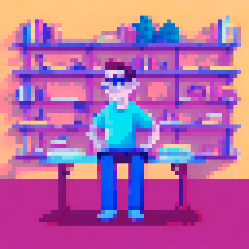 adult boy sitting on a table style front facing disney style book shelf in background explaining something curly hairs pixar style with glasses looking me