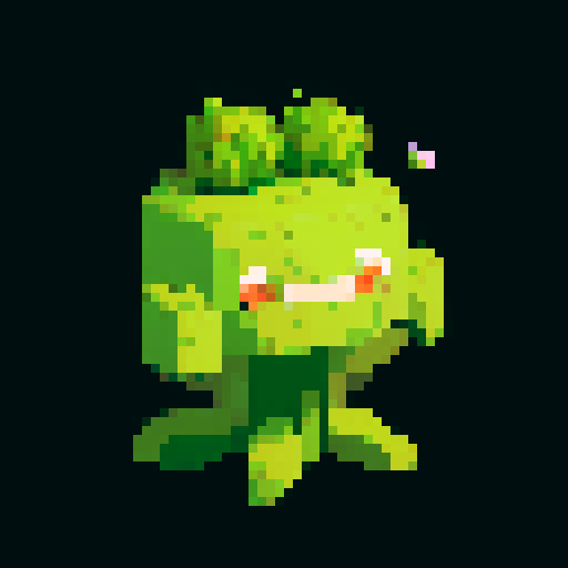 A slightly larger plant-like creature with more defined features, bark-like skin, and budding flowers. It has a friendly expression and a sturdy build. No background.
