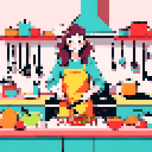 cute, vibrant, and playful, while cooking a delicious meal in a colorful kitchen filled with whimsical utensils and ingredients