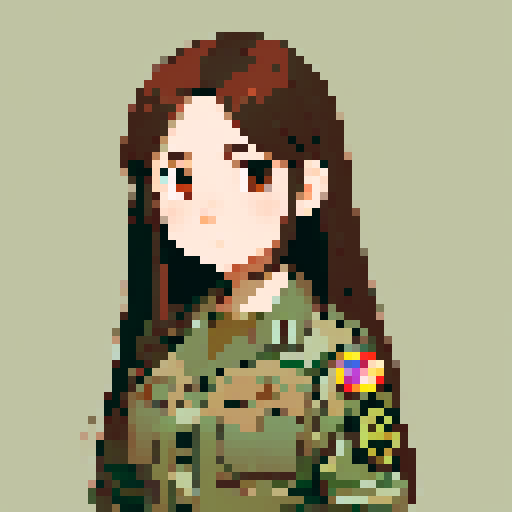 young girl, large round eyes, brown hair, brown eyes, wearing combat army uniform, standing, clean and detailed, game icon, centered composition, beautiful girl, long flowing hair, detailed eyes, slim figure, soft smile, round face