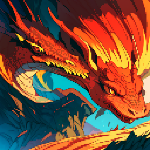 fire dragon with shimmering red scales, hoard of gold coins glimmering in the background, dragon leisurely lounging on top of a massive pile of gold coins, dragon's majestic form taking up the full canvas with intricate pixel art details in a vibrant sRGB color palette, cavern backdrop, cavern background