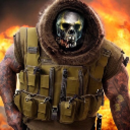 Military bulldog, muscular and fierce, wears a bullet-proof vest and holds a shotgun with a grim face, set in a zombie shooter game with apocalyptic background 