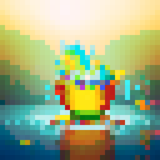 Colorful bubbling cauldron, overflowing with vibrant liquid, surrounded by an assortment of glass jars filled with sparkling ingredients, all depicted in intricate pixel art