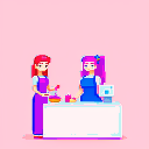 A nail tech wearing a pink apron and a client in a nail salon. 