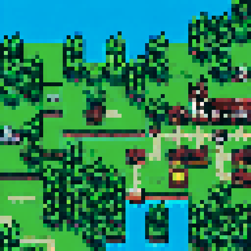 tall vibrant trees, whimsical mushrooms, cozy houses, colorful flowers, pixelated landscapes, enchanting atmosphere, immersive world, nostalgic art style, charming scenery, intricate designs, lively flora and fauna, landscape portrait
