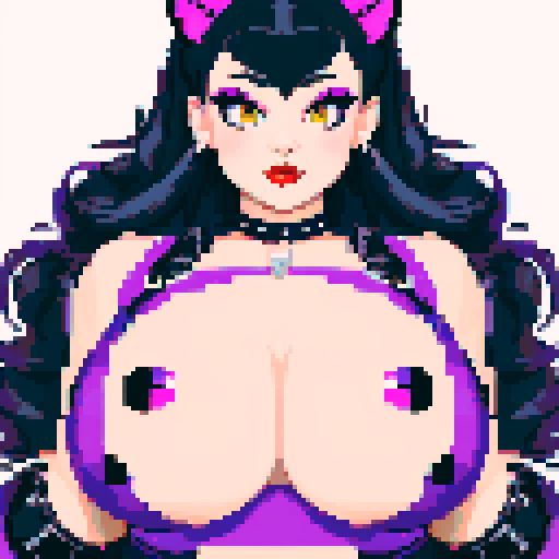 curvy, cute goth cat girl face, black hair, purple eyeshadow, red lipstick, studded leather, face portrait, glamour shot, vibrant sRGB colors, pixel art