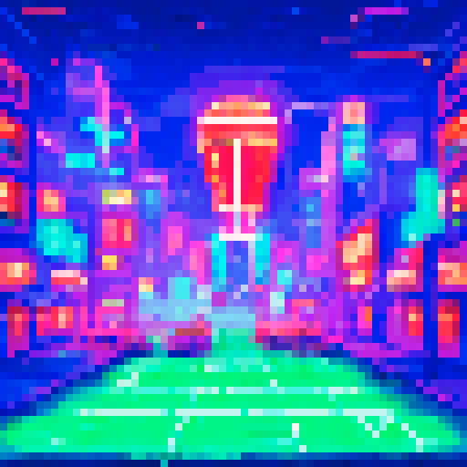 Flashing neon signs, pulsating dance floor, DJ booth, disco ball, crowded bar, glowing cocktails, smoke-filled air, towering skyscrapers in the background, all depicted in sRGB pixel art style