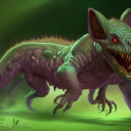 A fearsome Chupacabron with scaly, gray-green skin, sharp fangs, and bloodstained claws lurks in the shadows, ready to pounce on its next victim; its glowing red eyes and hot, fetid breath make it a terrifying predator in the realm of Fantasy RPG.