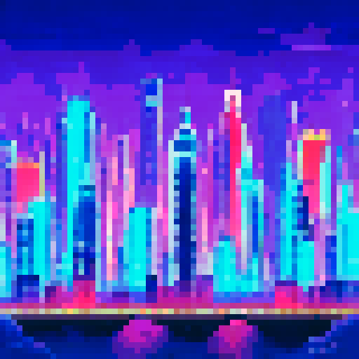 Snow-capped skyscraper towering over a neon city, all rendered in a vibrant, pixelated art style on an sRGB background