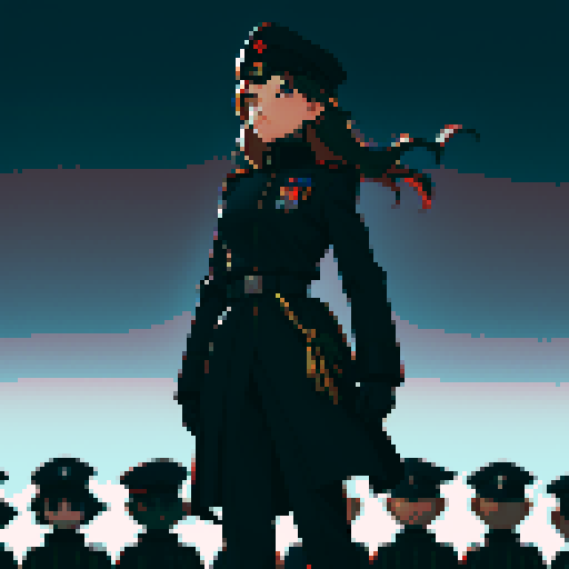 soldiers lined up, black uniforms, black hats, skull masks, lined up, facing camera, full-body image, black fortress, military base, black military building backdrop