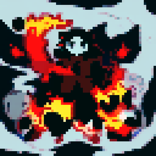 Undead lich with blazing fire, ominous aura, in a pixelated anime portrait