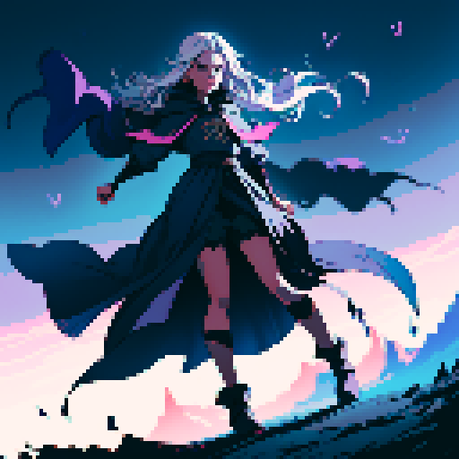 full-body image, sorceress facing right, sorceress ready to fight, evil sorceress, floating, arms out, magic circles, magic power, spell, evil sorceress, evil witch, magic symbols, sRGB, pixel art