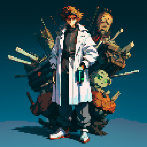 full-body image of a mad scientist with wild hair, lab coat, and goggles, who is facing to the left, giant robot towering in the background, detailed pixel art