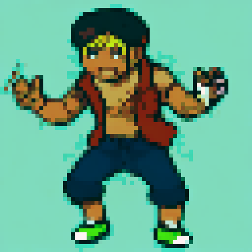 Please create four different altenate, silly stances for this trainer sprite of Jerome, the silly main xqc fan rival. 64x64, magenta/transparent background. different stances. They should be like Pokemon Emerald/Firered/Leafgreen sprites, shaded, same clothes and afro