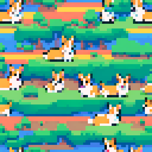 So many pixel art corgis, vibrant sRGB colors, a background filled with a picturesque landscape