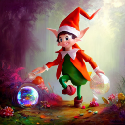A mischievous elf, with spiky hair and a sly grin, holds a glowing crystal ball in a whimsical forest scene, painted in a colorful, impressionist style.
