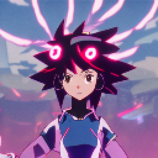 Afro samurai woman, wielding a katana, stands atop a skyscraper in a neon-lit city, her long braids flowing in the wind as she faces off against a horde of robotic enemies with glowing red eyes, all in the iconic Anime Style.