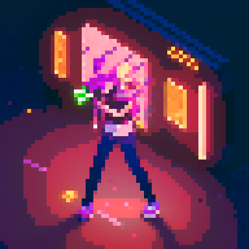 Street Mage anime girl with flowing hair, fluorescent tattoos, and a pixelated sniper rifle, navigating through a purple neon-lit night market and an sRGB glow