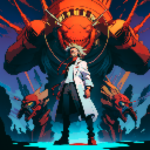 full-body image mad scientist facing left with giant robot