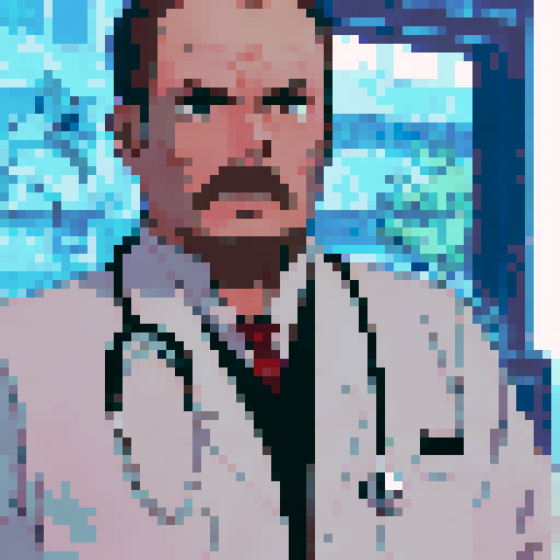 Doctor md, serious expression, green eyes, stethoscope around neck, white lab coat, tousled brown hair, anime-style character portrait, close-up, pixel art