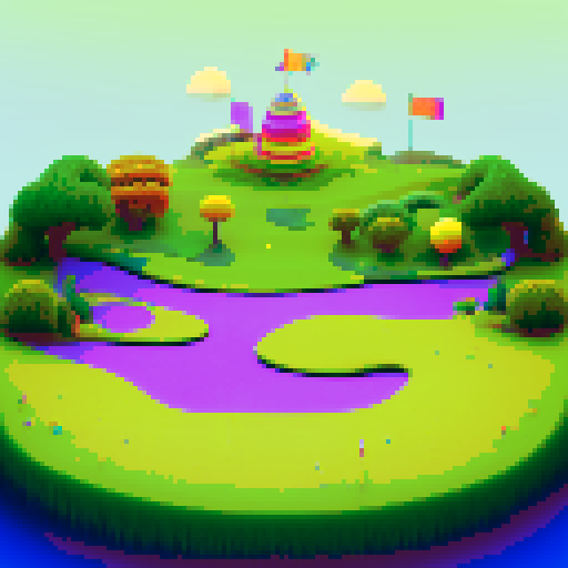 Hallucinogenic golf course, vibrant colors, swirling fairways, psychedelic trees, pixelated golfers, neon golf balls, glitchy water hazards, trippy sand traps, retro clubhouse, kaleidoscopic sky, pixel art masterpiece