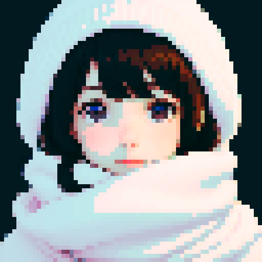 portrait, sprite art, young woman, cute, soft eyes, autistic, cozy winter, white scarf, shy, timid, dark hair, dark eyes