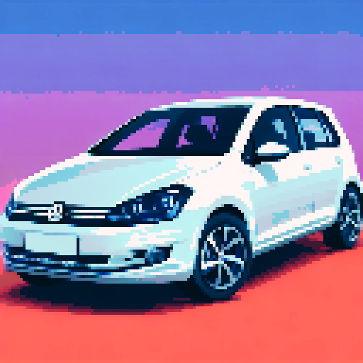 Pixel art Volkswagen Golf car, centered, three quarter view, solid white background, no background details