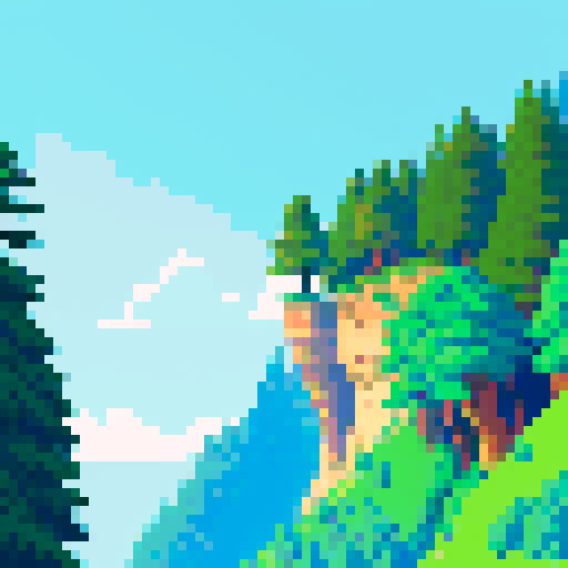 nature setting cliff on the left side that takes up just a little bit of the screen but make it tall and you can see the top of the cliff. Background blue sky and on the right but some tall pine trees
