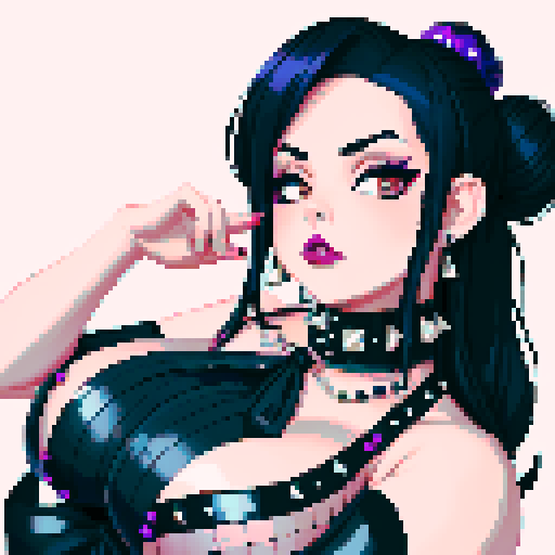 thicc, curvy, seductive busty goth babe with studded collar, long purple hair in buns, fishnet stockings, aroused nude big titty goth. pixel art, sRGB
