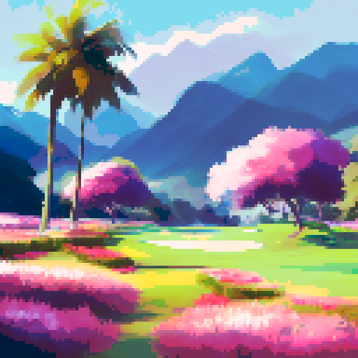 Sprawling, manicured fairways lined with vibrant flowers, towering palm trees casting long shadows, a golfer in pristine white attire swinging their club with precision, capturing the elegance and grandeur of a high-class golf course in a landscape portrait